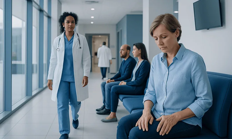 Patient experiencing discomfort in a hospital corridor with medical staff nearby.