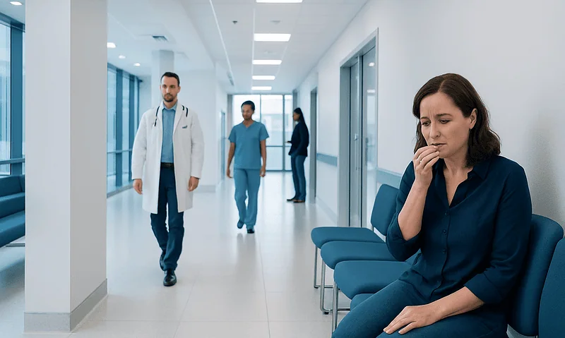 Patient experiencing taste issues in hospital corridor with medical staff nearby.
