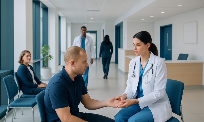 Doctor examining patient's hand in a hospital corridor.
