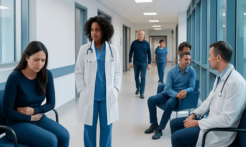 Dysmenorrhea: What Patients Need to Know 15 Medical professionals and patients in a hospital corridor.
