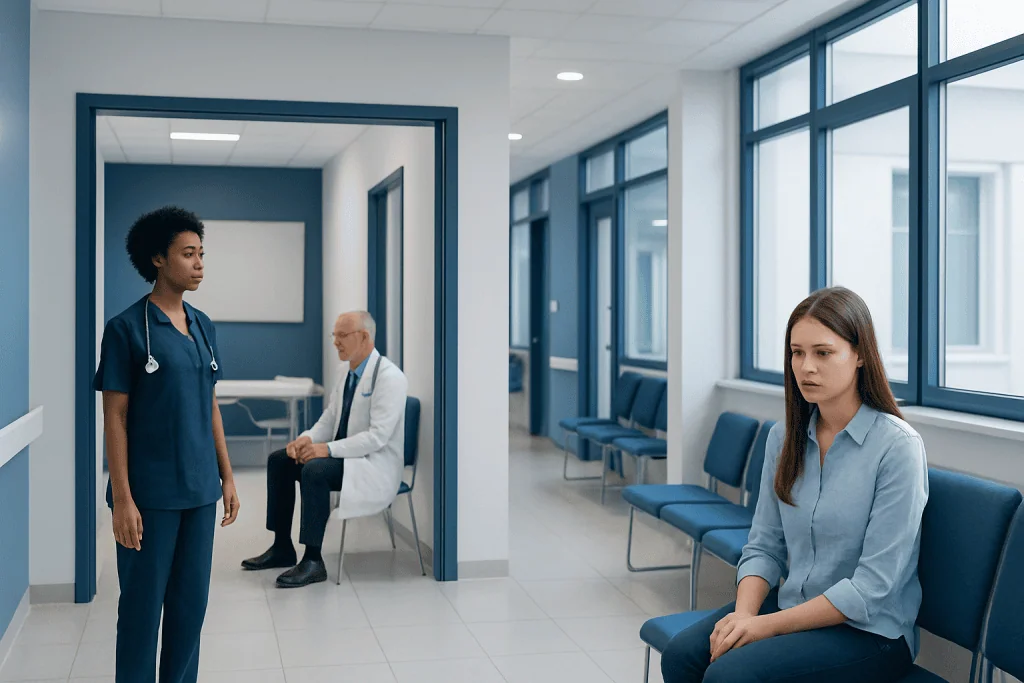 Dysmorphia Disease: Symptoms, Causes, and Treatment Options 1 Patient waiting in hospital corridor with nurse and doctor nearby.
