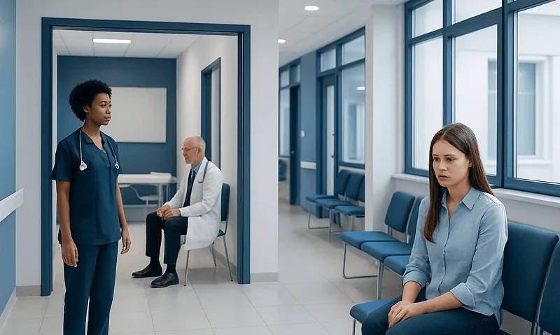 Patient waiting in hospital corridor with nurse and doctor nearby.