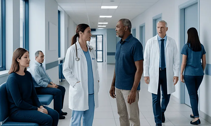 Medical team consulting patient in hospital corridor for dysplasia diagnosis.