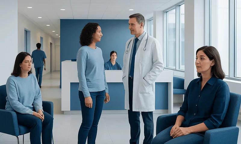 Doctor consulting with female patient in hospital waiting area.