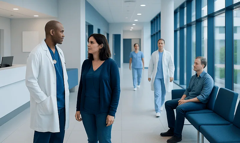 Medical team discussing patient care in hospital corridor.