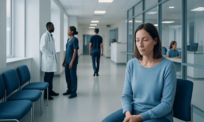 Patient waiting in a hospital corridor with medical staff in the background.