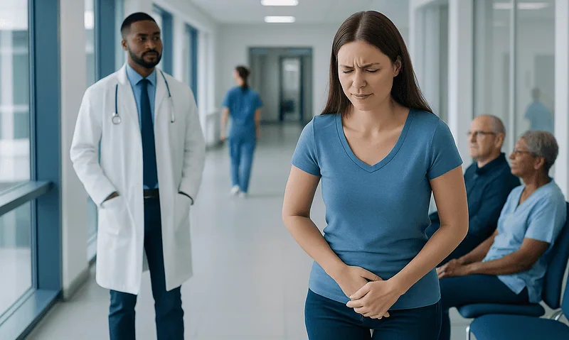 Woman experiencing discomfort in a hospital corridor with medical staff nearby.