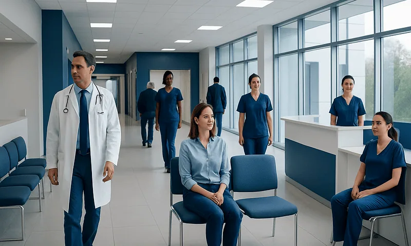 Medical staff in a hospital waiting area with large windows and seating.