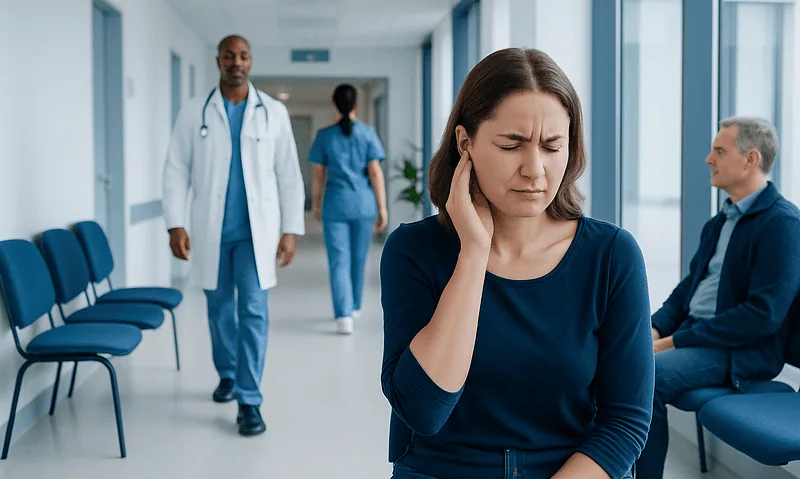 Ear Ache and Pain: Common Causes, Related Conditions, and When to See a Doctor 4 Woman experiencing ear pain in a hospital corridor with medical staff nearby.