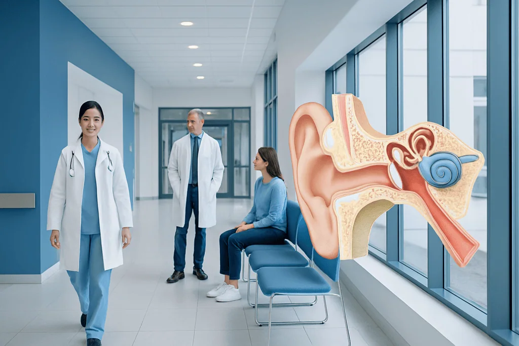 Ear Anatomy — Explained by Medical Evidence, Not Myths 1 Medical professionals in a hospital corridor with ear anatomy illustration.