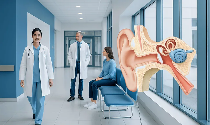Medical professionals in a hospital corridor with ear anatomy illustration.