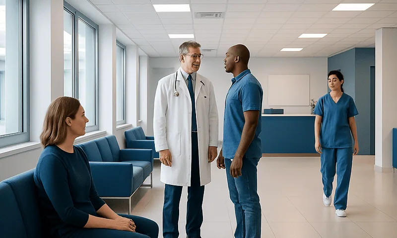 Doctor consulting with patient in hospital corridor at Acibadem Hospitals Group.