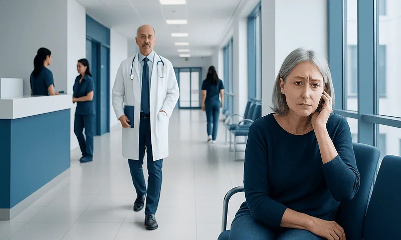 Concerned elderly woman in hospital waiting area with medical staff in background.