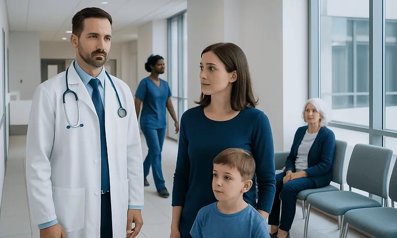 Doctor consulting with a woman and child in a hospital corridor.