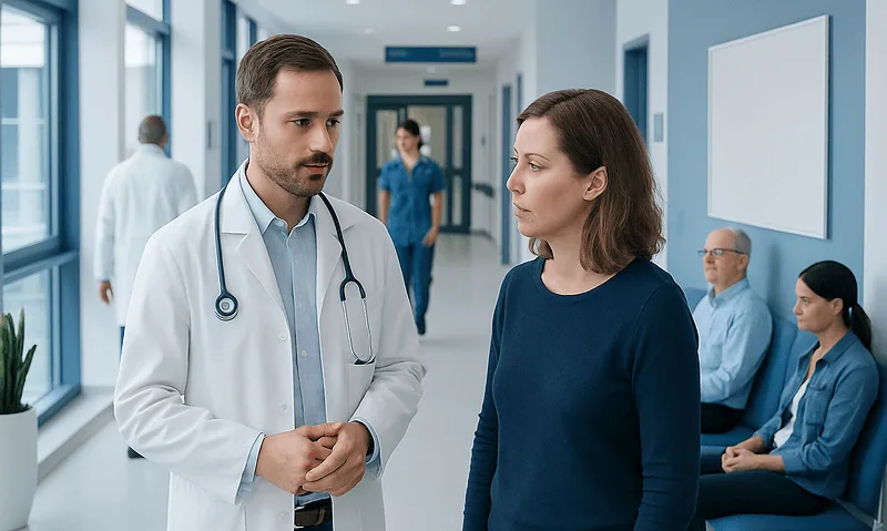 Doctor consulting patient in hospital corridor with staff in background.