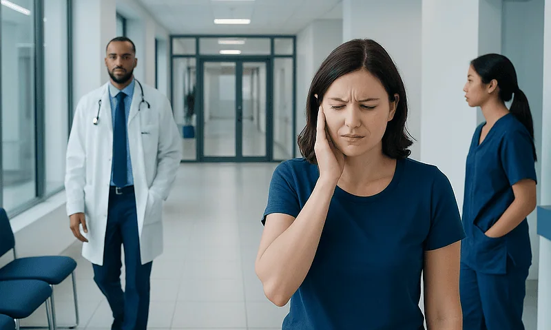 Woman experiencing ear pain in a hospital corridor with medical staff nearby.