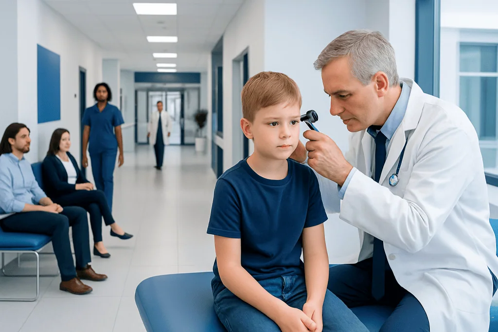 Ear Infection Treatment: Diagnosis, Outlook, and Modern Treatment Approaches 1 Pediatric ENT doctor examining a young boy's ear in a hospital clinic.