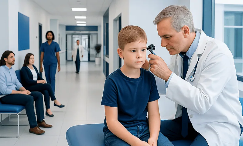 Pediatric ENT doctor examining a young boy's ear in a hospital clinic.