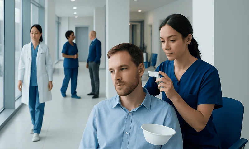 Nurse preparing to perform ear irrigation on a patient in a hospital corridor.