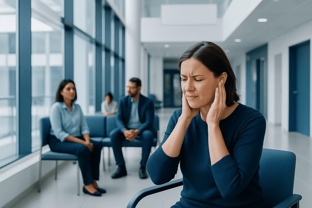 Ear pain: What Works at Home, What Doesn't, and When to See a Doctor 1 Woman experiencing ear pain in a medical clinic.
