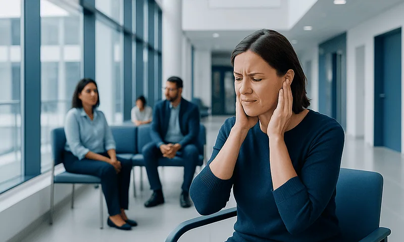 Woman experiencing ear pain in a medical clinic.