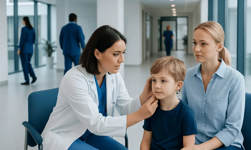 Pediatric ENT consultation at Acibadem Hospital with doctor examining a young boy.