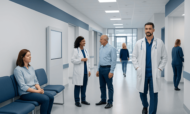 Medical team consulting with patient in hospital corridor.