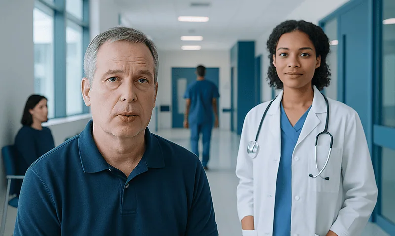 Patient consulting with doctor in hospital corridor for lip cancer concerns.