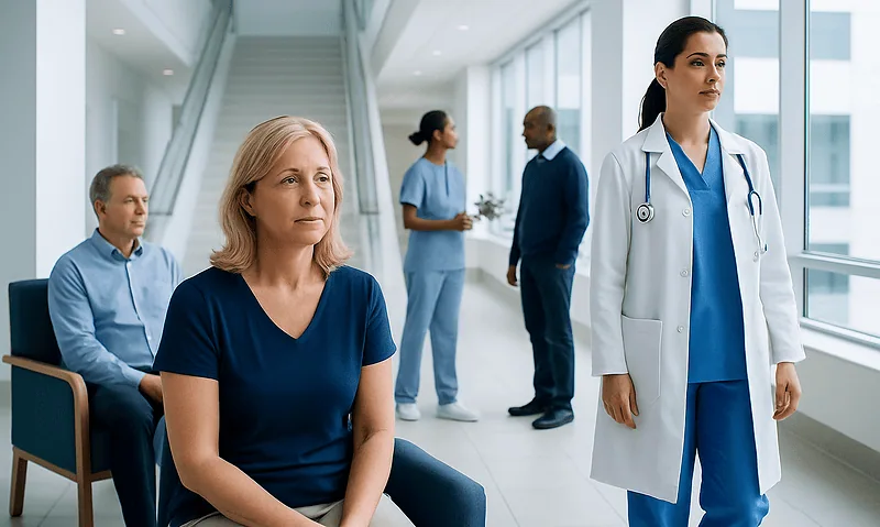 Women waiting in a hospital corridor with medical staff in the background.