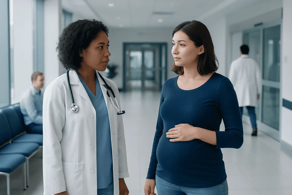 Early Pregnancy Discharge Explained: Causes, Management, and When to See a Doctor 1 Pregnant woman consulting with a doctor in a hospital corridor.