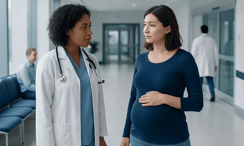 Pregnant woman consulting with a doctor in a hospital corridor.