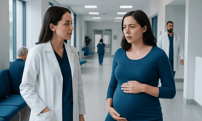 Pregnant woman consulting with a doctor in a hospital corridor.