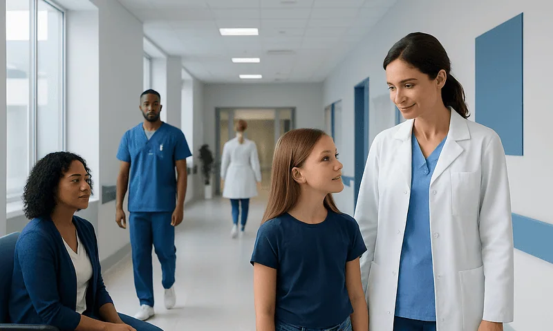 Doctor talking to young girl in hospital corridor with medical staff in background.