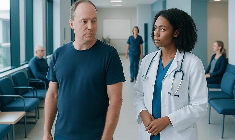 Doctor consulting a patient in a hospital corridor.