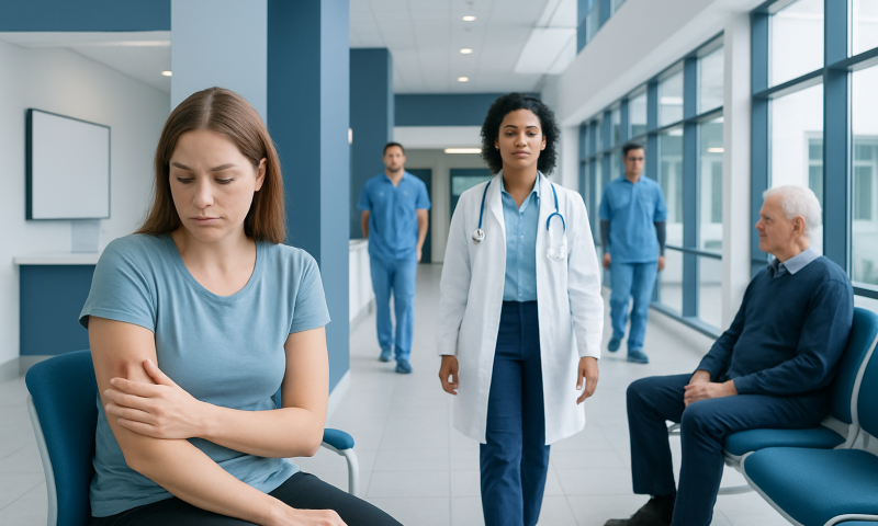 Patient with arm pain in hospital corridor with medical staff nearby.