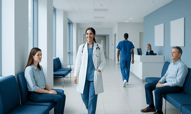 Healthcare professionals and patients in a modern hospital corridor.