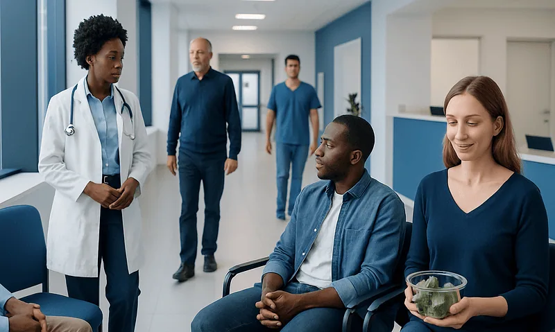 Medical consultation with diverse healthcare professionals in hospital corridor.