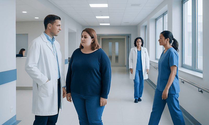 Medical professionals discussing patient care in hospital corridor.