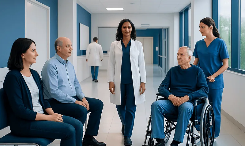 Medical team consulting with elderly patient in hospital corridor.