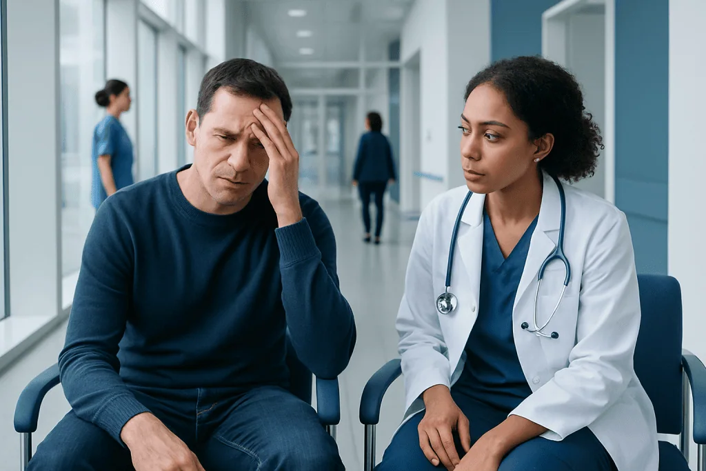 Ebola Symptoms Explained: Common Triggers and Red Flags 1 Patient experiencing headache in hospital corridor with healthcare professional nearby.