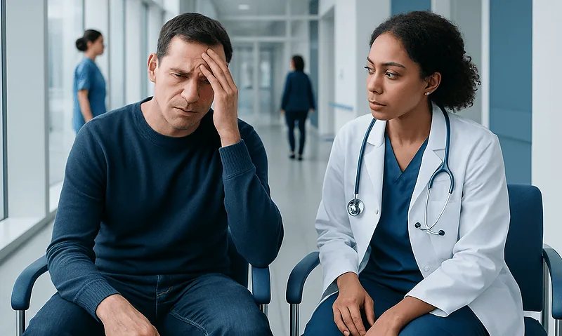 Patient experiencing headache in hospital corridor with healthcare professional nearby.