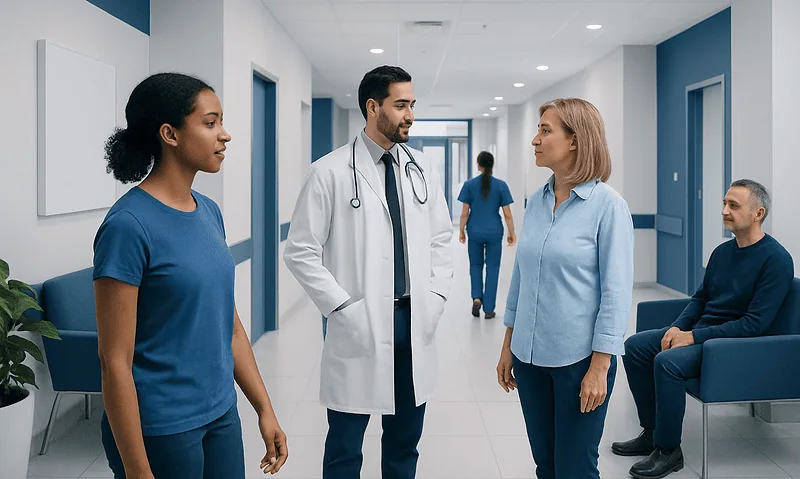 Medical team consulting in hospital corridor with patients and staff.
