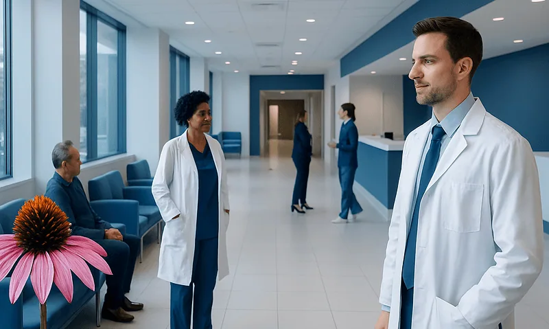 Medical professionals in hospital lobby with patients and staff.
