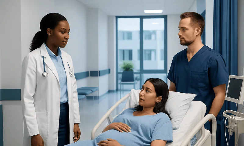 Medical team consulting a patient in hospital room at Acibadem Hospitals Group.