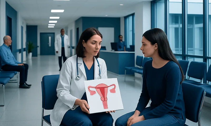 Gynecologist explaining uterine health to patient in hospital corridor.