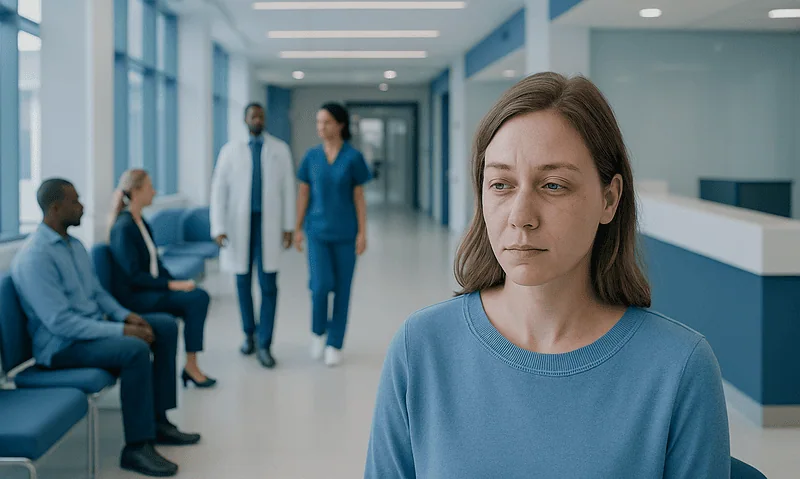 Young woman with eczema around eyes in a hospital waiting area.