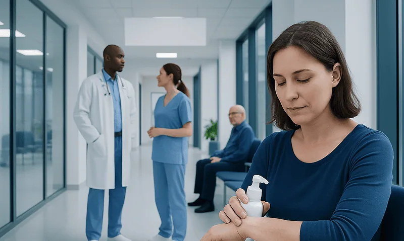 Young woman applying hand sanitizer in a hospital corridor.