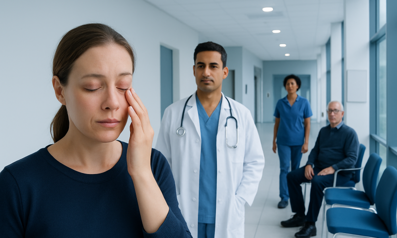 Woman with eyelid eczema in hospital corridor with doctors and patient.