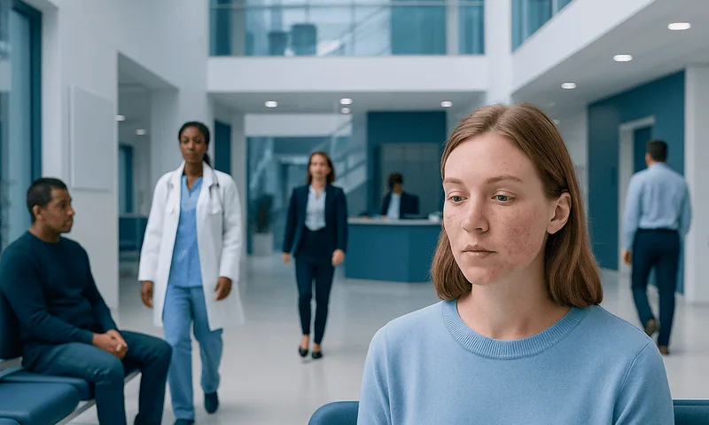 Young woman with eczema waiting in a hospital lobby with medical staff nearby.
