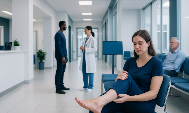 Patient with foot pain consulting with doctor in hospital corridor.